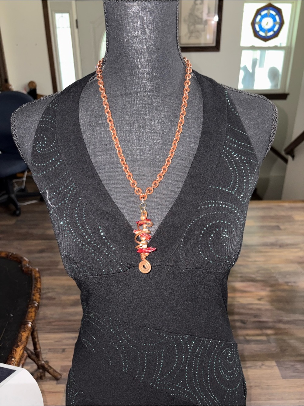 Handmade Copper Chain Necklace with coral. 15 1/4 inches